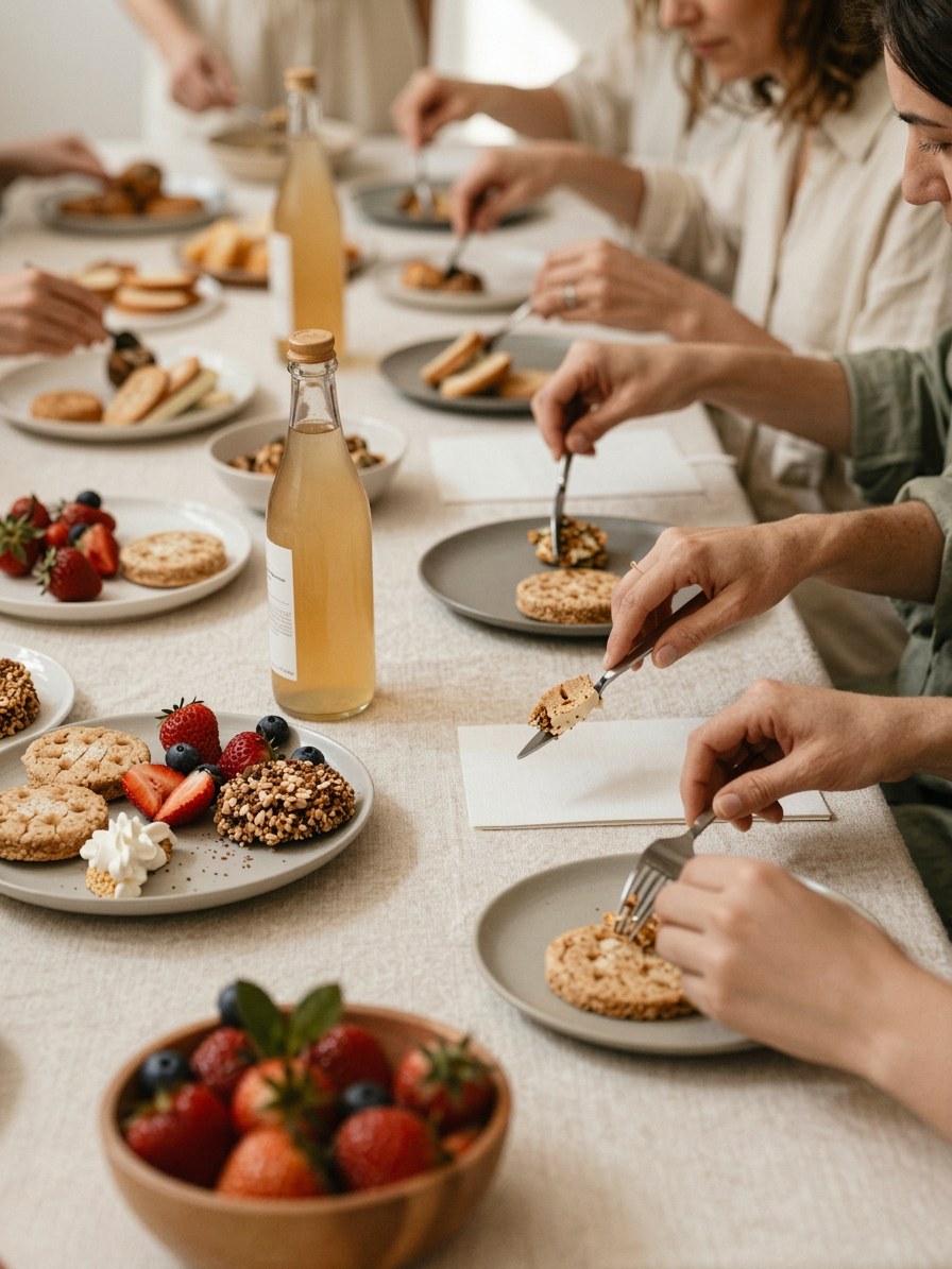 Mani che condividono dolci e frutta su una tavola apparecchiata