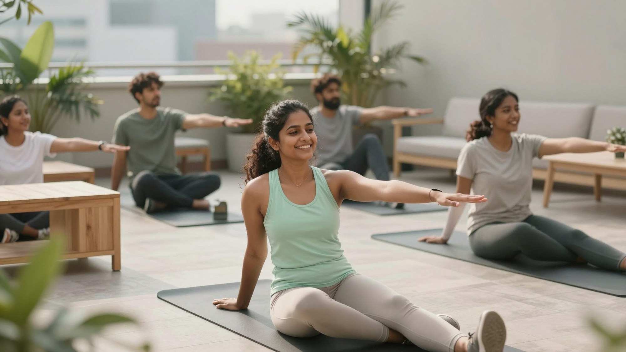 Gruppo che pratica stretching su tappetini in una terrazza