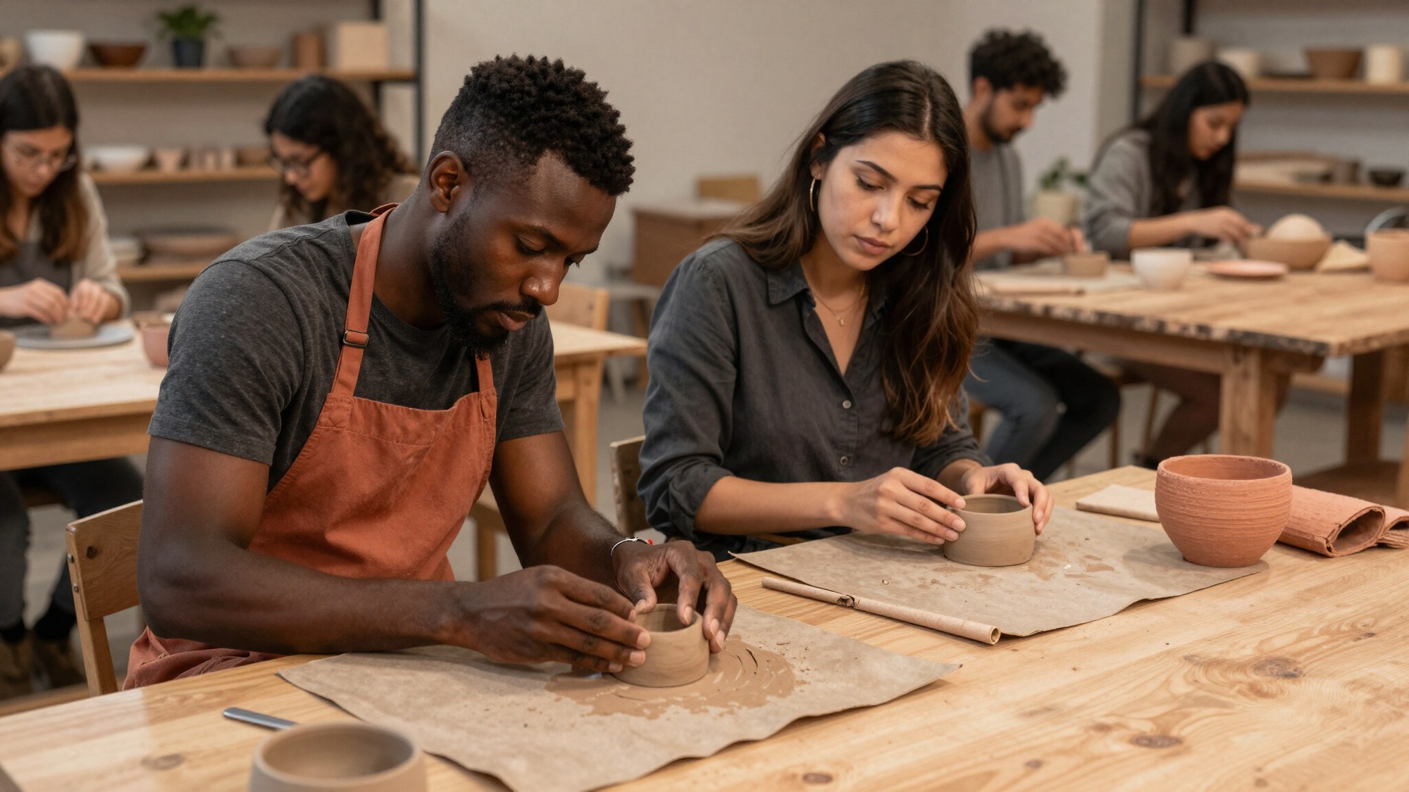 Persone che lavorano l'argilla a un tavolo durante un workshop