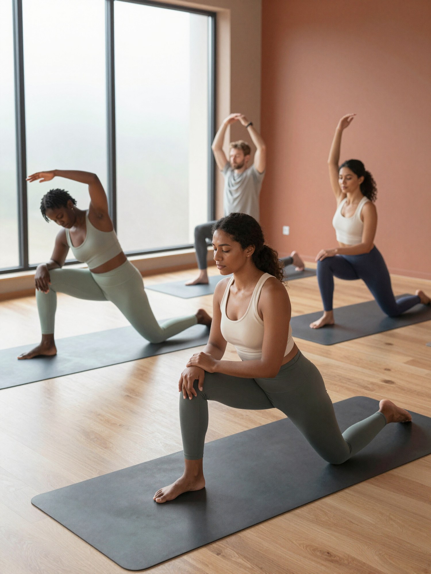 Persone che praticano yoga su tappetini in una sala con grandi finestre